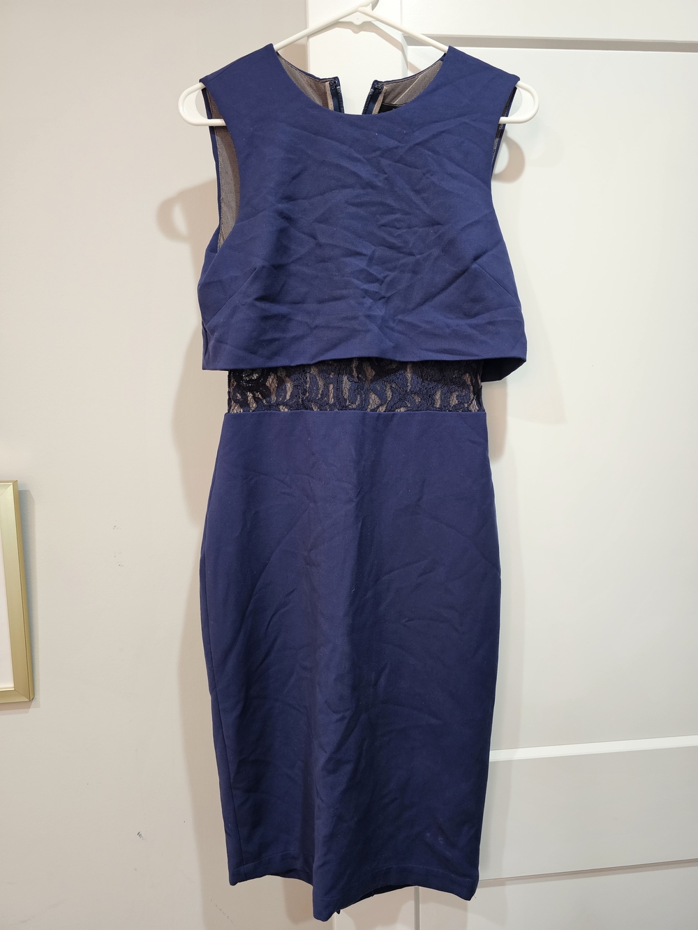 BCBG Navy Midi Sheath Dress with Lace Waist
